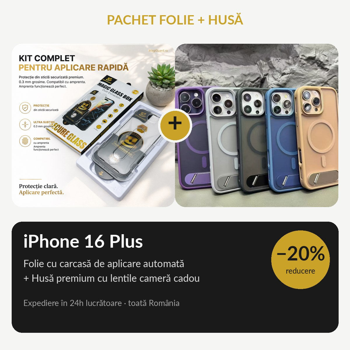 Pachet folie + husă iPhone 16 Plus MagiGuard, -20%